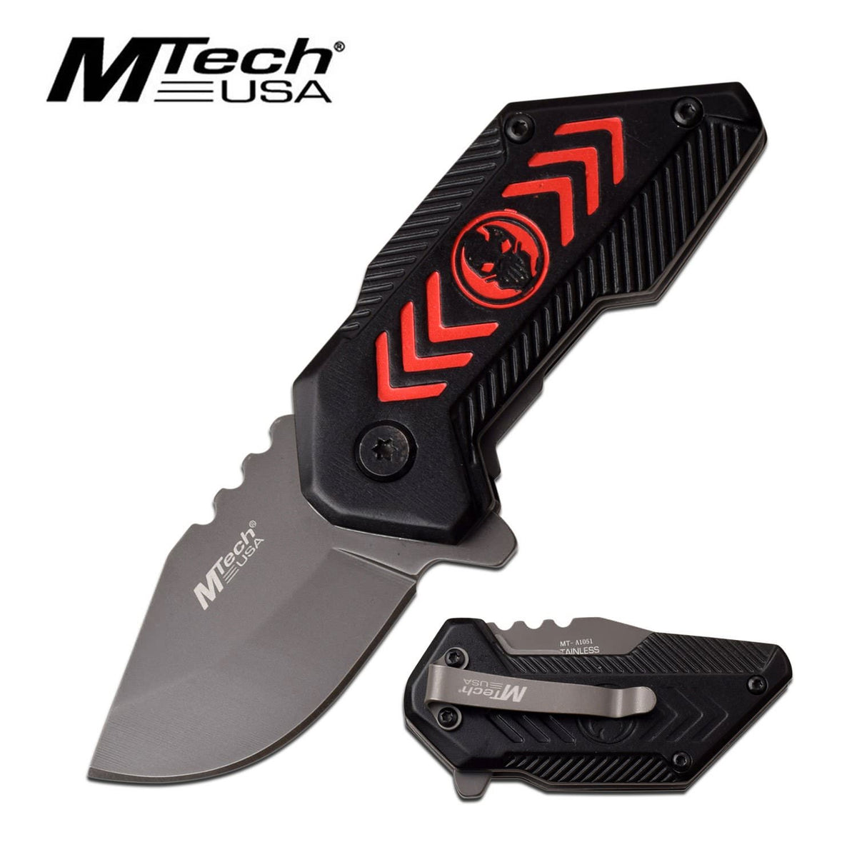 Mtech Compact 1.75" Blade Black Red Skull Spring-Assist Folding Knife  - TOPHATTER'S ARMORY DEALS