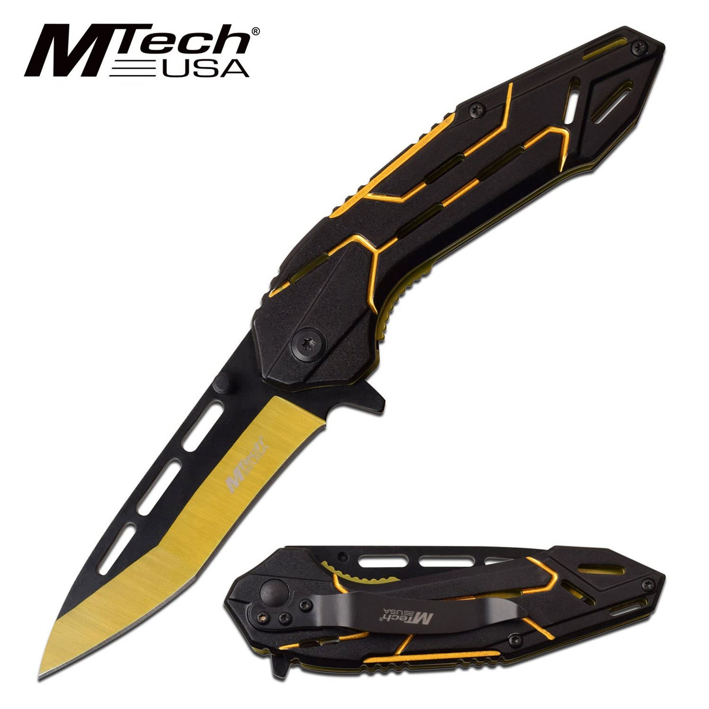 Mtech 3.5" Black Tanto Blade Golden Tactical Spring-Assist Folding Knife