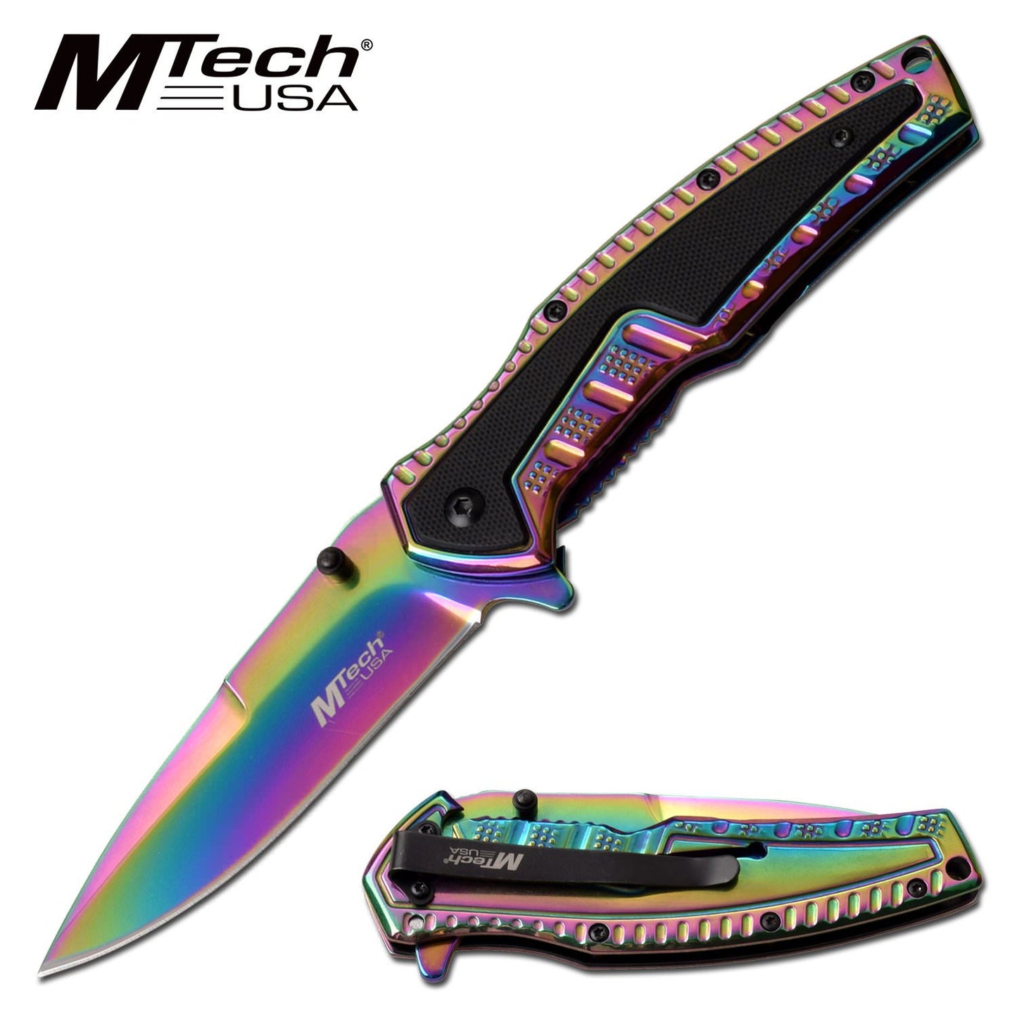 Mtech Rainbow Tinite Coated Spring Assist Folding Pocket Knife