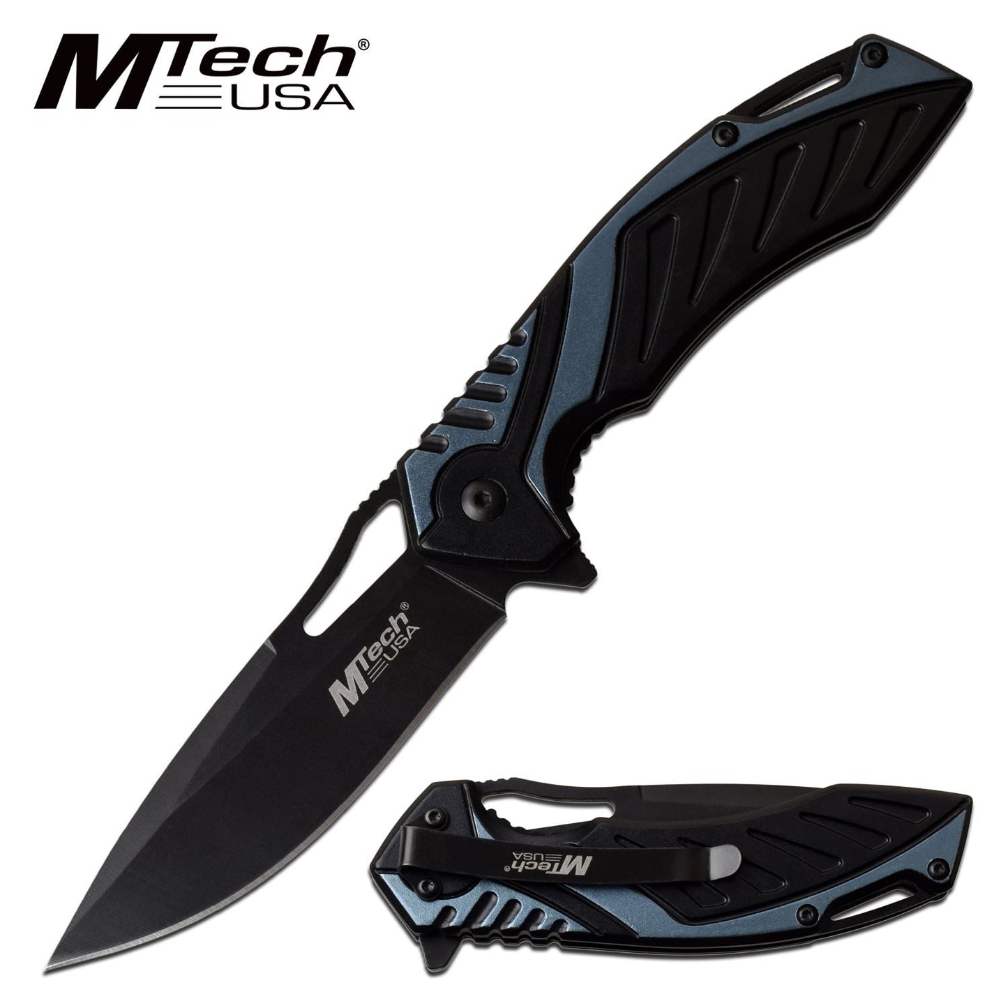Spring Assist Folding Knife Mtech 3.6" Black Drop-Point Blade EDC Tactical Blue