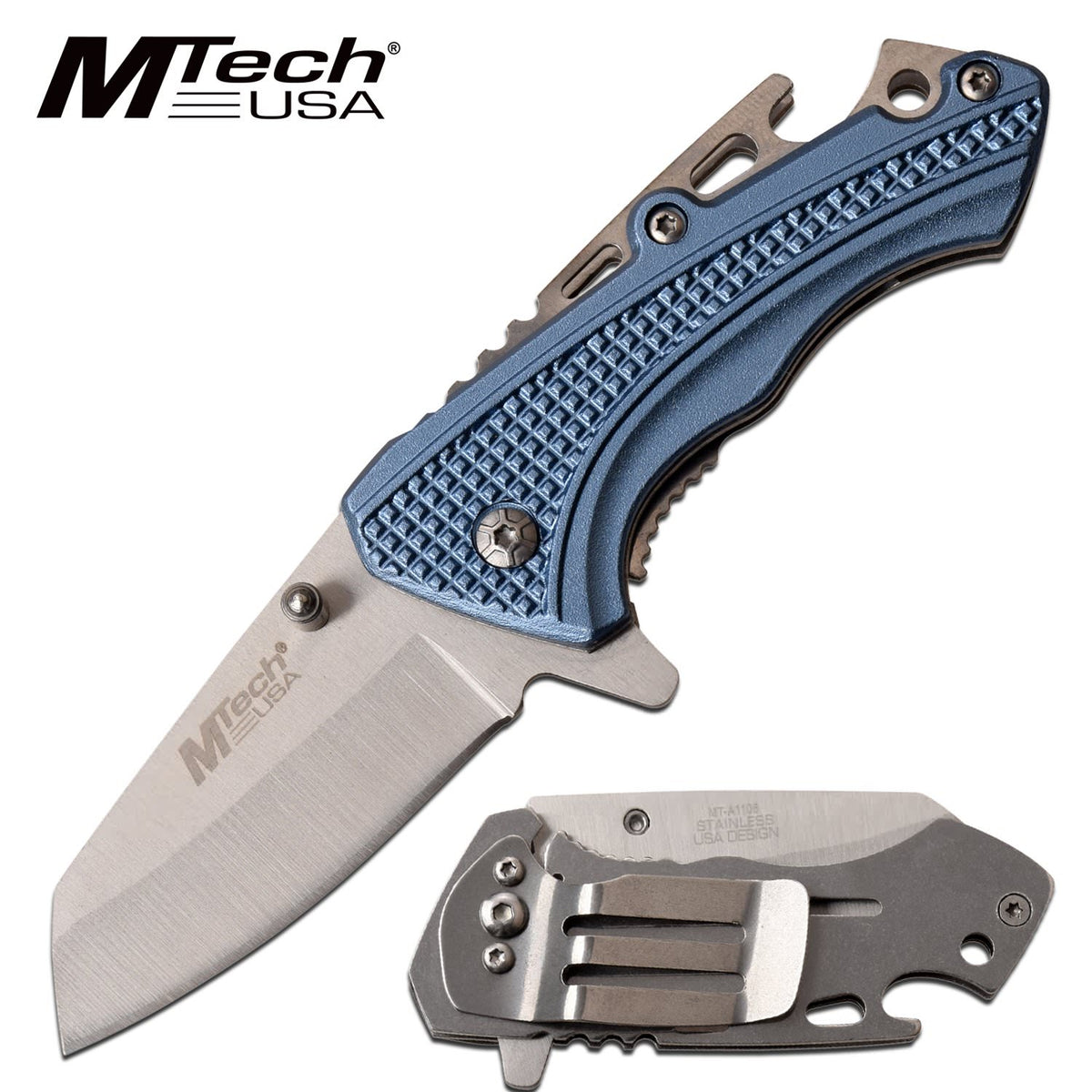 Mtech Spring Assist Pocket Knife Bottle Opener Aluminum Handle Blue - TOPHATTER'S ARMORY DEALS