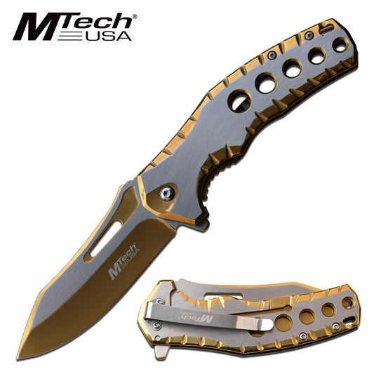 Mtech Five Hole Pocket Knife Gold Satin Spring Assisted Knife