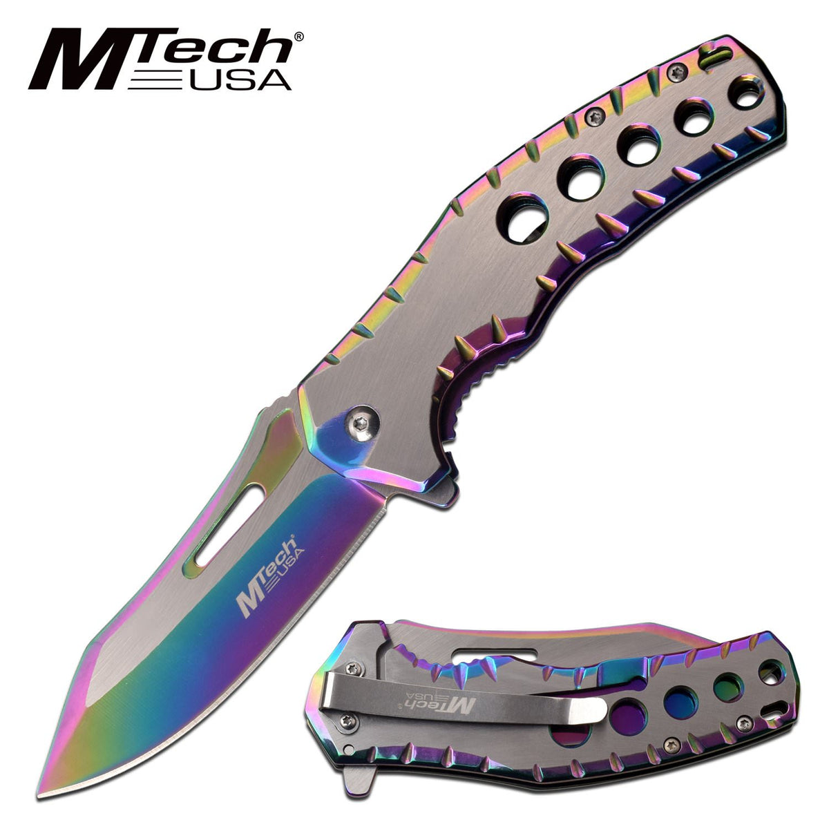 Mtech Five Hole Pocket Knife Rainbow Satin Spring Assisted Knife - TOPHATTER'S ARMORY DEALS