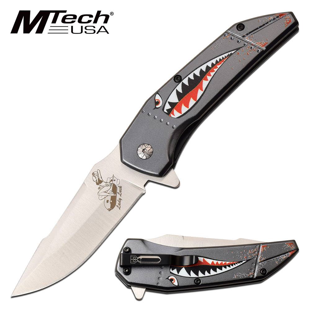 Mtech Spring Assisted Knife Gray Shark Handle Bomber Lady Luck Blade - TOPHATTER'S ARMORY DEALS