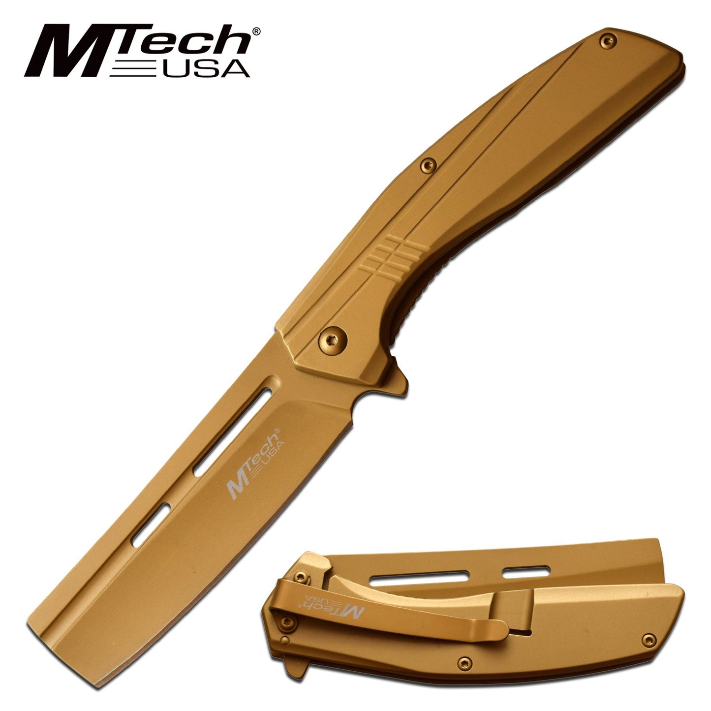 Spring-Assist Folding Knife 3.5" Cleaver Blade Stainless Steel - Gold