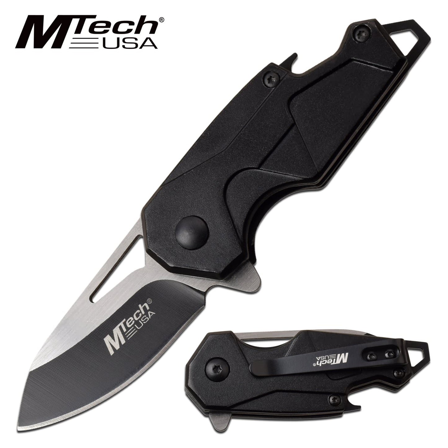 Spring Assist Folding Knife MTech Mini 2" Black Blade EDC Bottle Opener