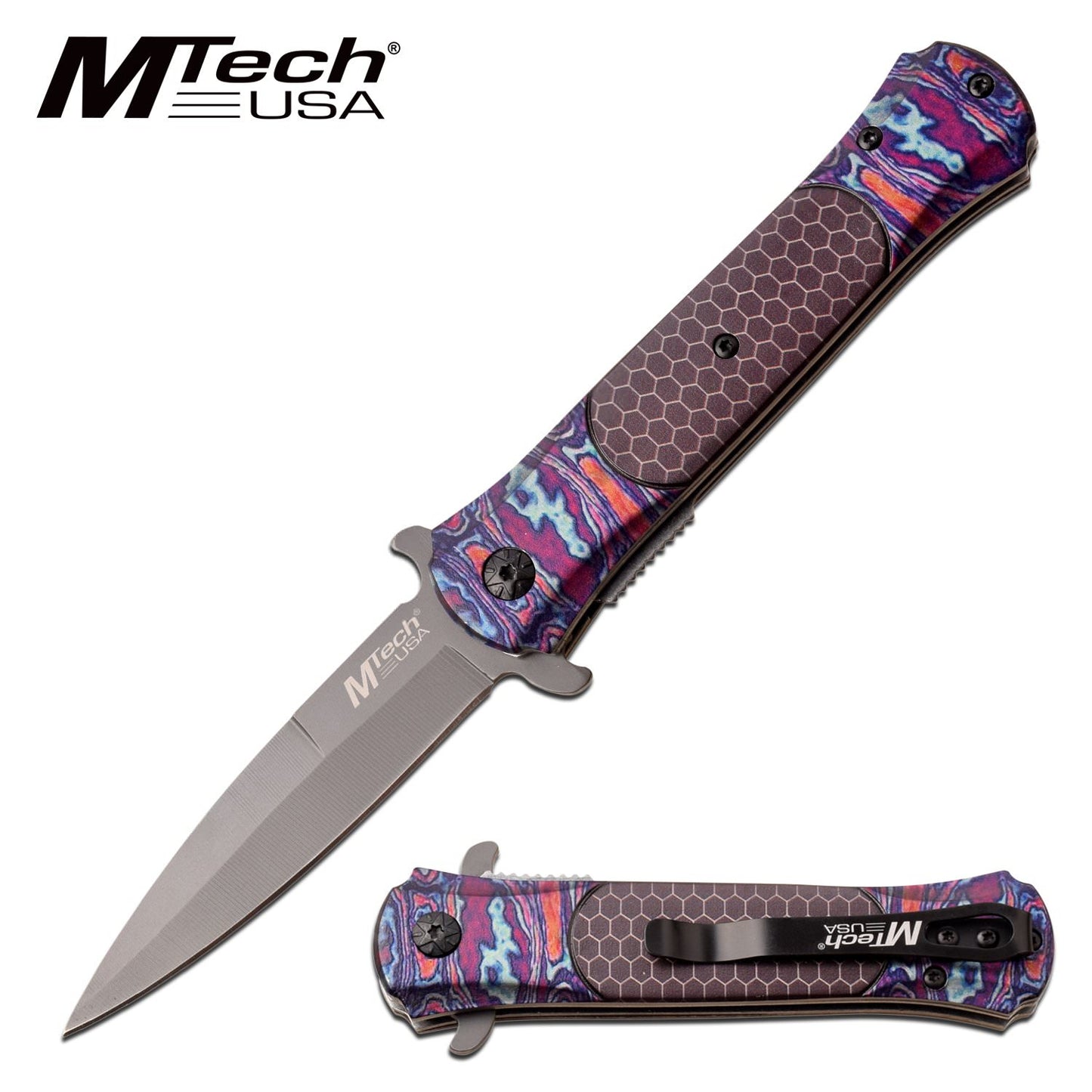 Mtech Stiletto Style Pocket Knife Spring Assisted Knife Timascus Pattern