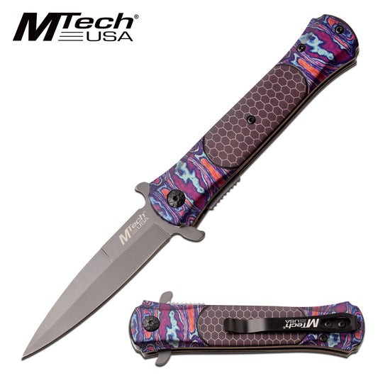 Mtech Stiletto Style Pocket Knife Spring Assisted Knife Timascus Pattern