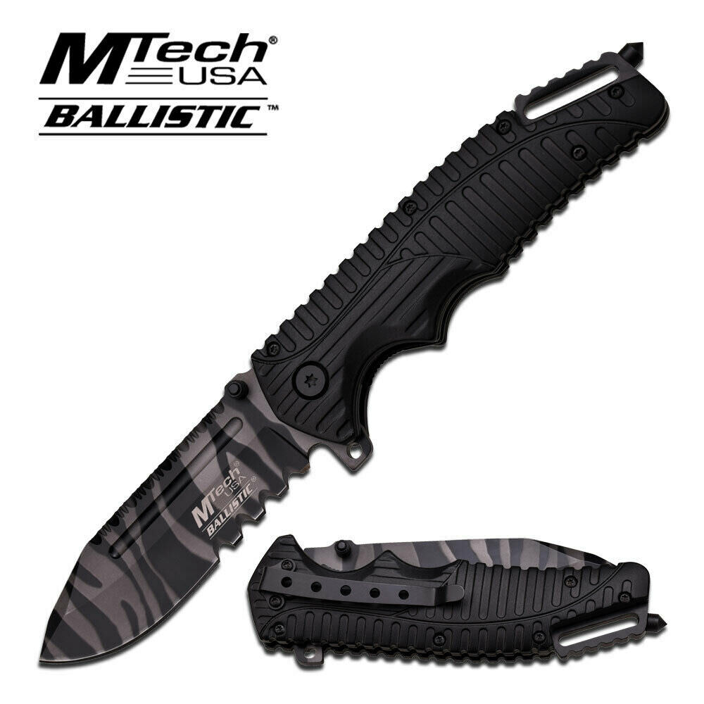 Mtech Urban Camo Tiger Stripe Serrated Spring Assist Tactical Folding Knife