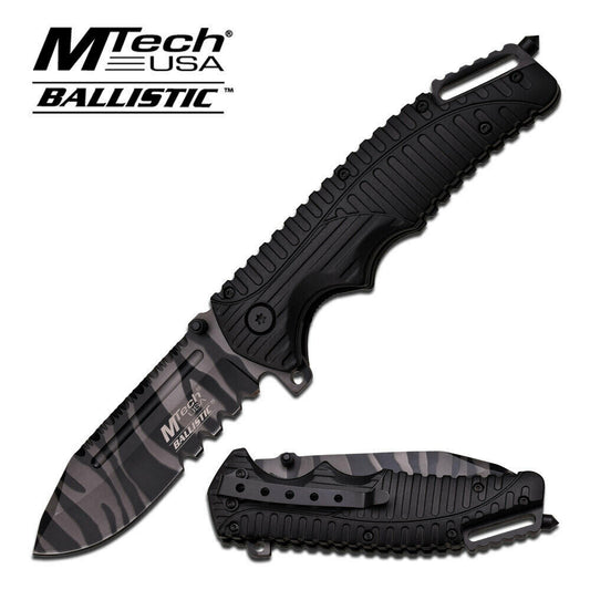 Mtech Urban Camo Tiger Stripe Serrated Spring Assist Tactical Folding Knife