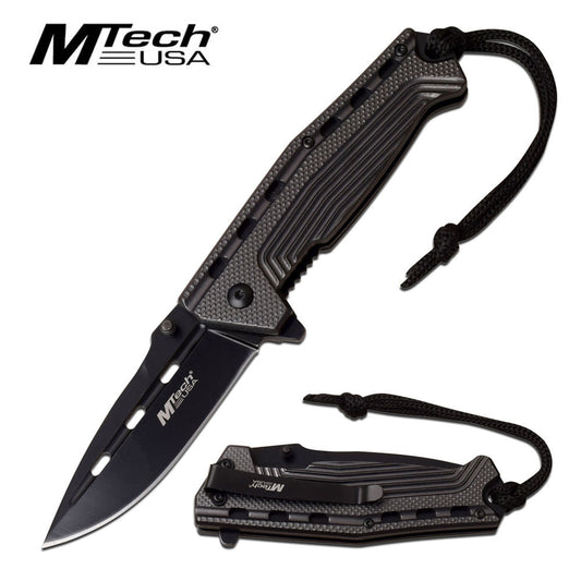 Mtech 3.5" Black Blade Gray Tactical Lanyard Spring-Assist Folding Knife