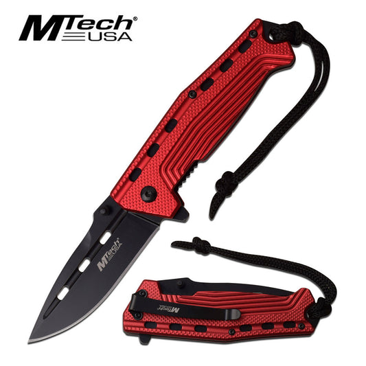 Mtech 3.5" Black Blade Red Tactical Lanyard Spring-Assist Folding Knife
