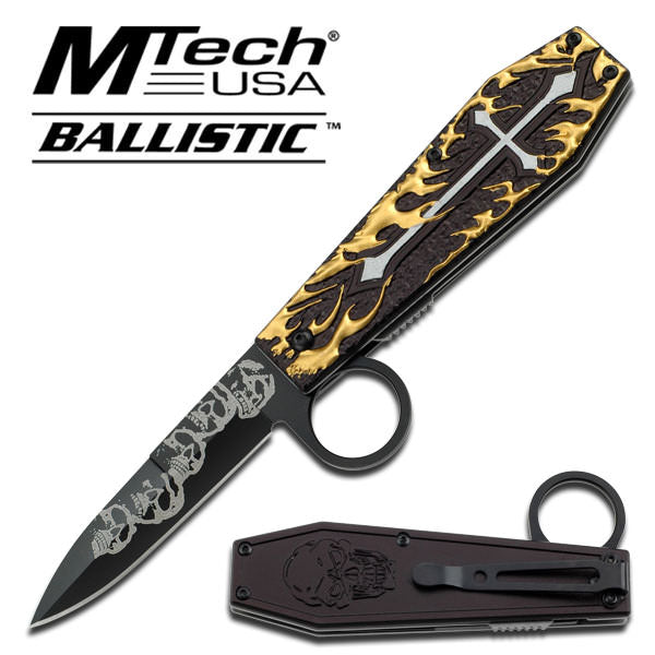 Fantasy Gothic Skull Flame Cross Spring Assisted Opening Knife - Gold - TOPHATTER'S ARMORY DEALS