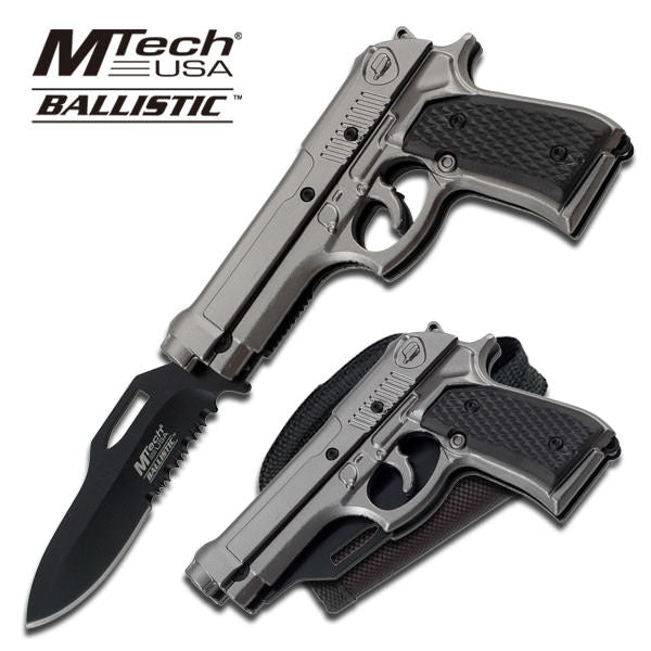 M9 Assisted Opening Knife With Holster 4.75 Inch Closed Grey and Black