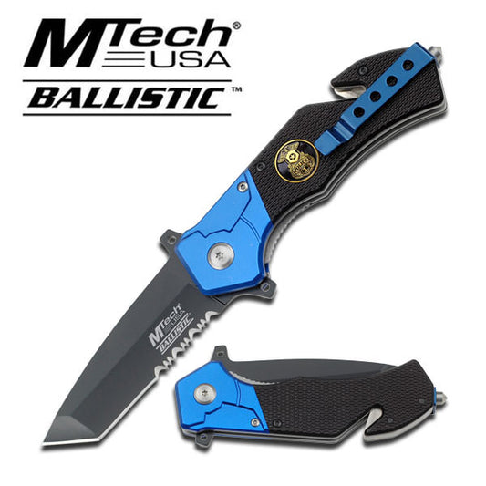 3" Tanto Blade Serrated Blue Black Police Rescue Folder Spring Assist Knife
