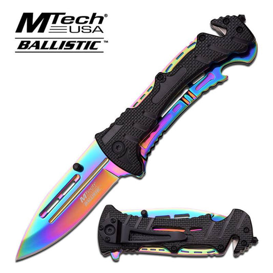 Mtech USA Ballistic Tactical Action Spring Assisted Knife - Rainbow Finish Blade