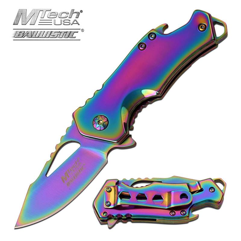 3 Inch Closed Bottle Opener Assisted Opening Knife Rainbow Blade - TOPHATTER'S ARMORY DEALS