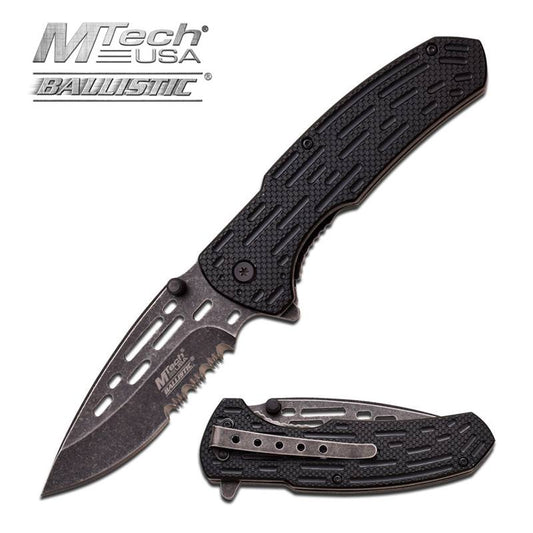Mtech Serrated Blade Spring Assist Knife Stonewash Finish Metal Handle