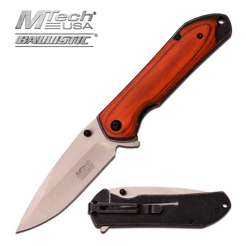 Mtech Orange Wood Silver Plain Blade Hunter Spring Assist Knife - TOPHATTER'S ARMORY DEALS