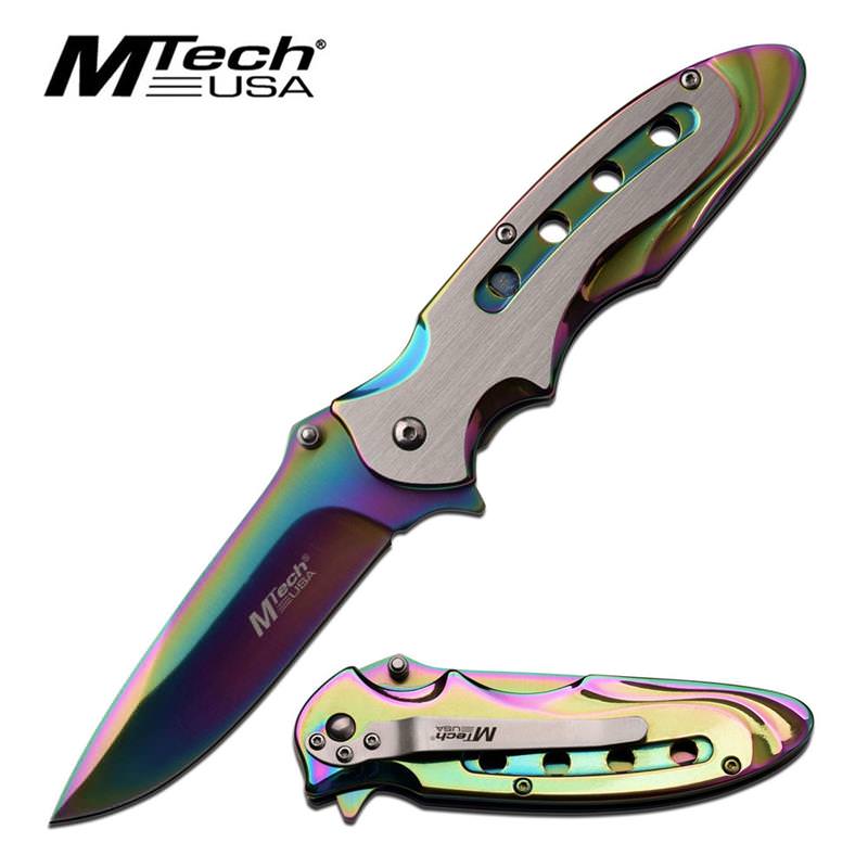 3.75" Blade Rainbow Silver Brushed Metal Spring Assisted Knife