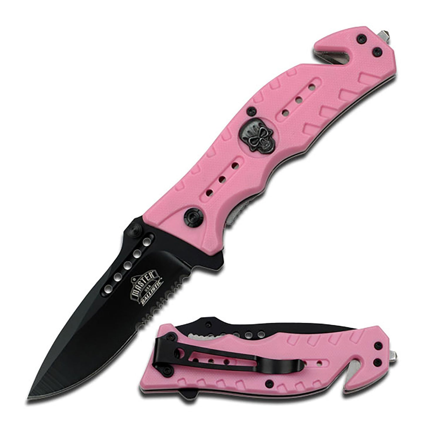 Skull Medallion Serrated Spring Assisted Tactical Folding Knife Pink