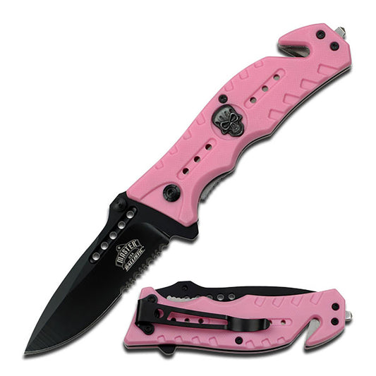 Skull Medallion Serrated Spring Assisted Tactical Folding Knife Pink