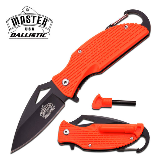 Ballistic Orange Handle Rescue Spring Assist Knife with Carabiner & Fire Starter