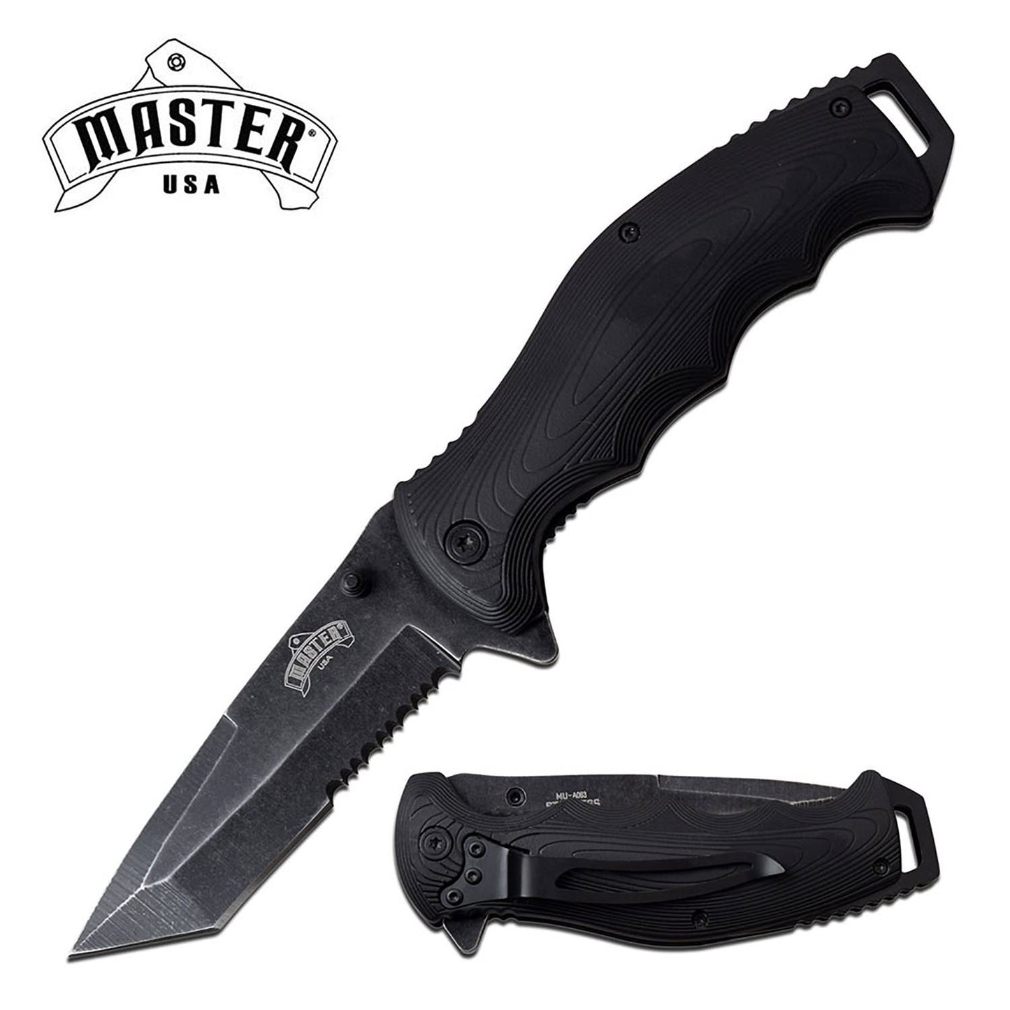 Spring Assist Folding Knife 3.75" Tanto Stone Gray Serrated Blade Black EDC