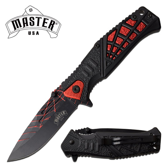 Spring Assist Knife Black Red Spider Web Design Pocket Knife
