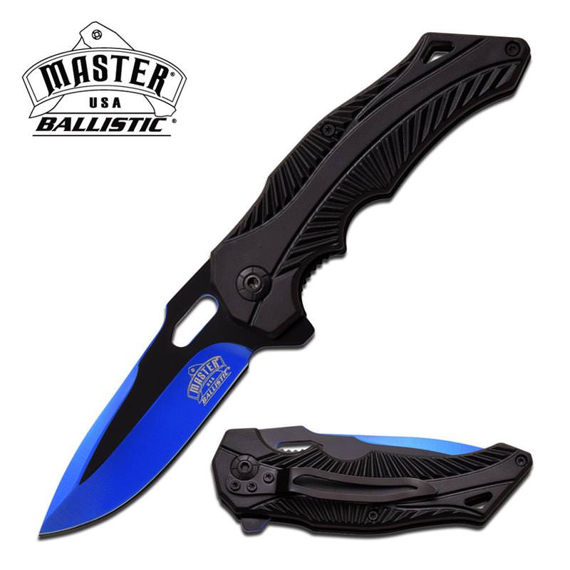 Ballistic Assisted Spring Action Opening Knife - Black Blue Blade