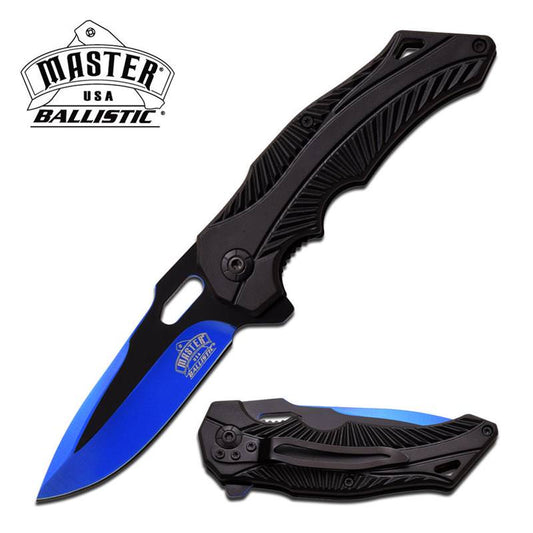 Ballistic Assisted Spring Action Opening Knife - Black Blue Blade