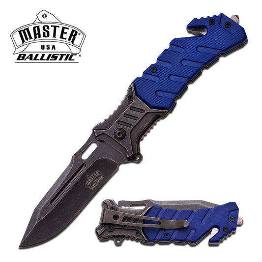 Ballistic USA Blue Handle Rescue Folder Spring Assisted Pocket Knife