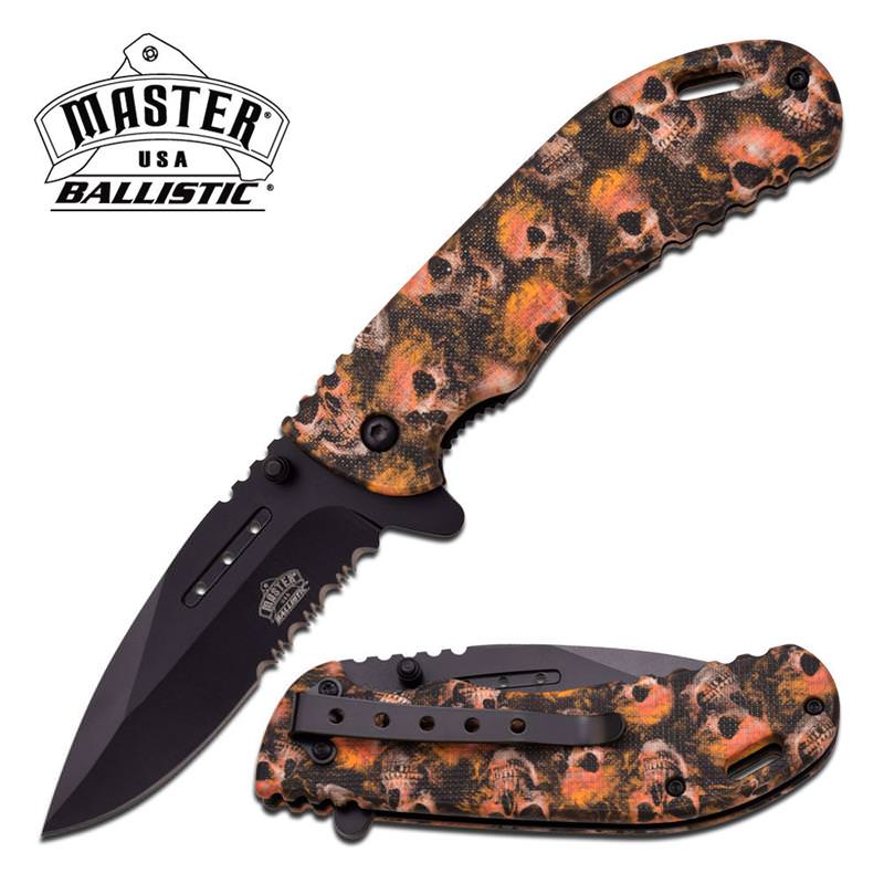 Master USA Ballistic Fantasy Spring Assisted Knife Orange Skulls Handle
