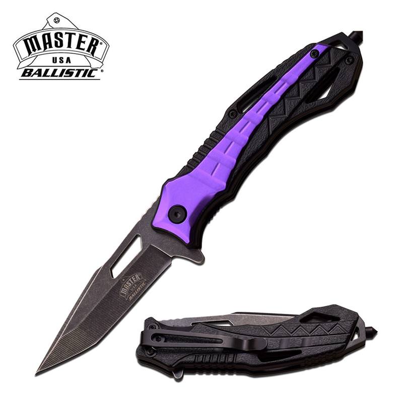 3.25" Stone Blade Tanto Purple Black Glass Breaker Spring Assist Knife