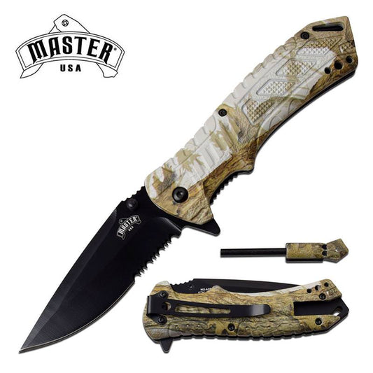 Survival Folding Knife 3.5" Serrated Blade Camo Fire Starter Spring Assisted