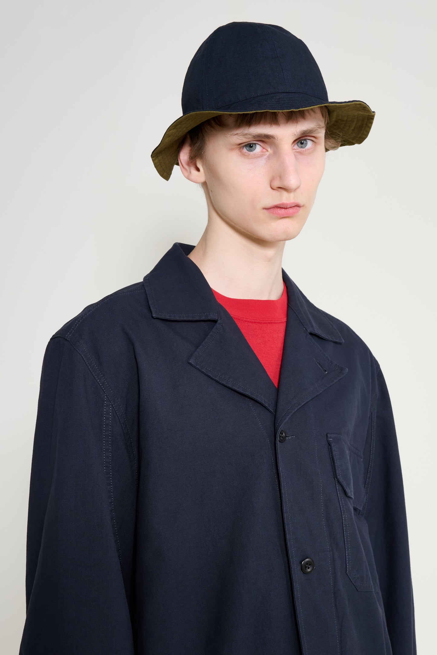 Margaret Howell MHL Reversible Bucket Hat Coarse Yarn Cotton Ink / Olive Green
