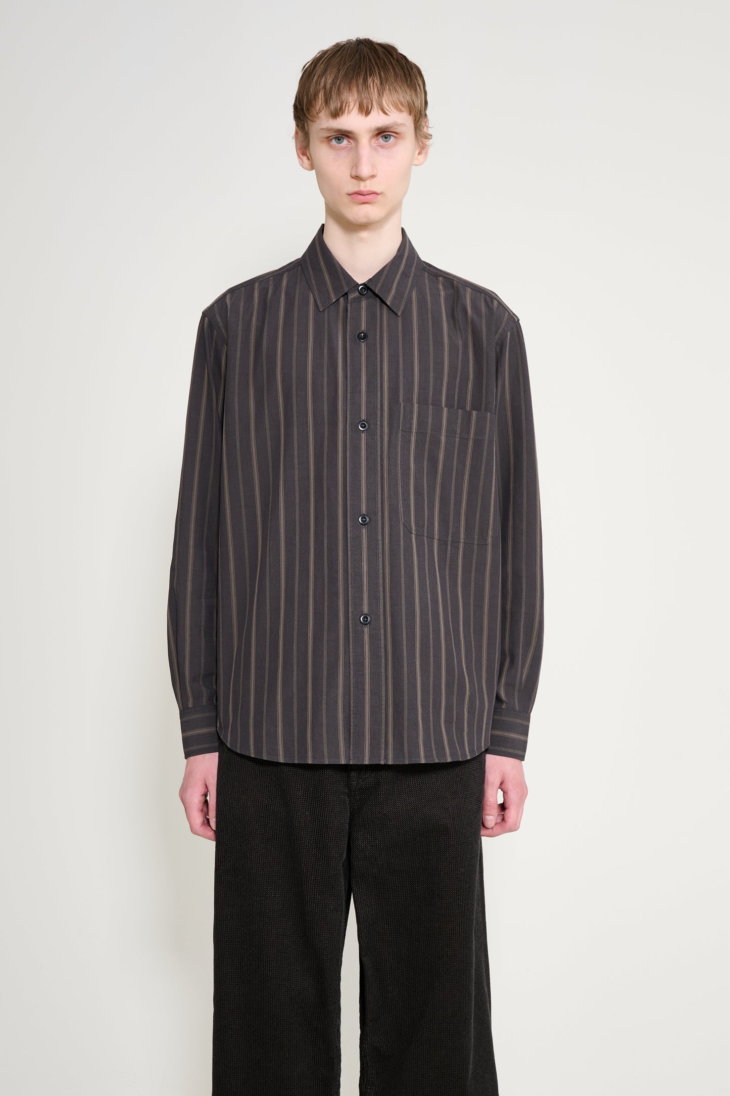 Margaret Howell MHL Basic Shirt Bold Stripe Cotton Off Black / Khaki