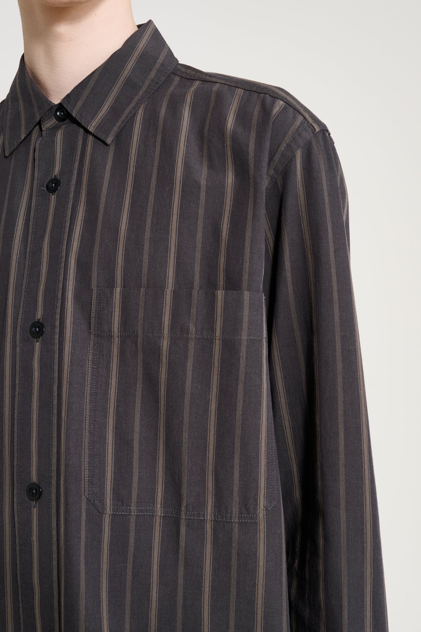 Margaret Howell MHL Basic Shirt Bold Stripe Cotton Off Black / Khaki