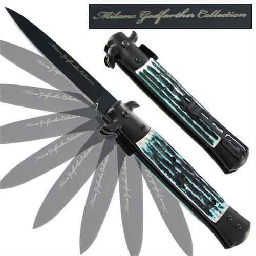 Milano Godfather Spring Assisted Stag Knife - Blue - TOPHATTER'S ARMORY DEALS