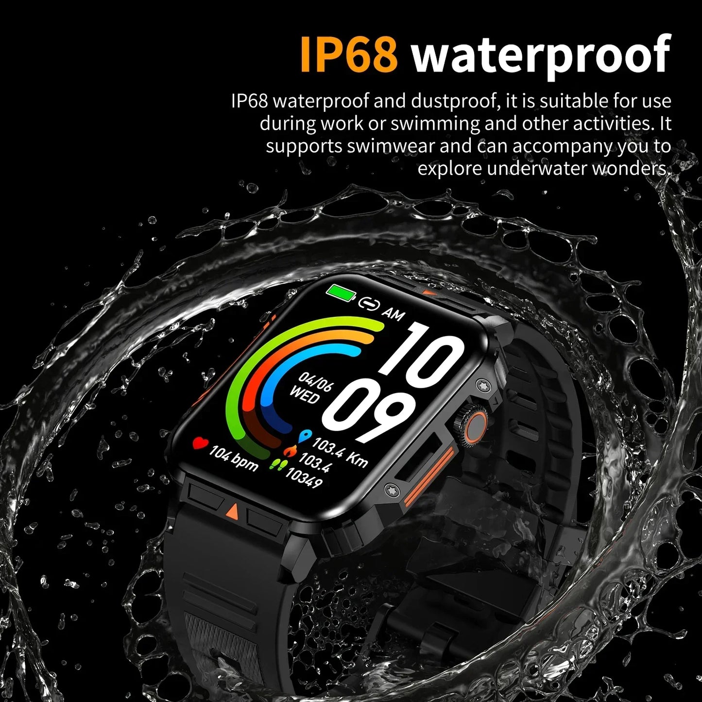 Military Smart Watch Fitness Health Monitor Bluetooth (Black)