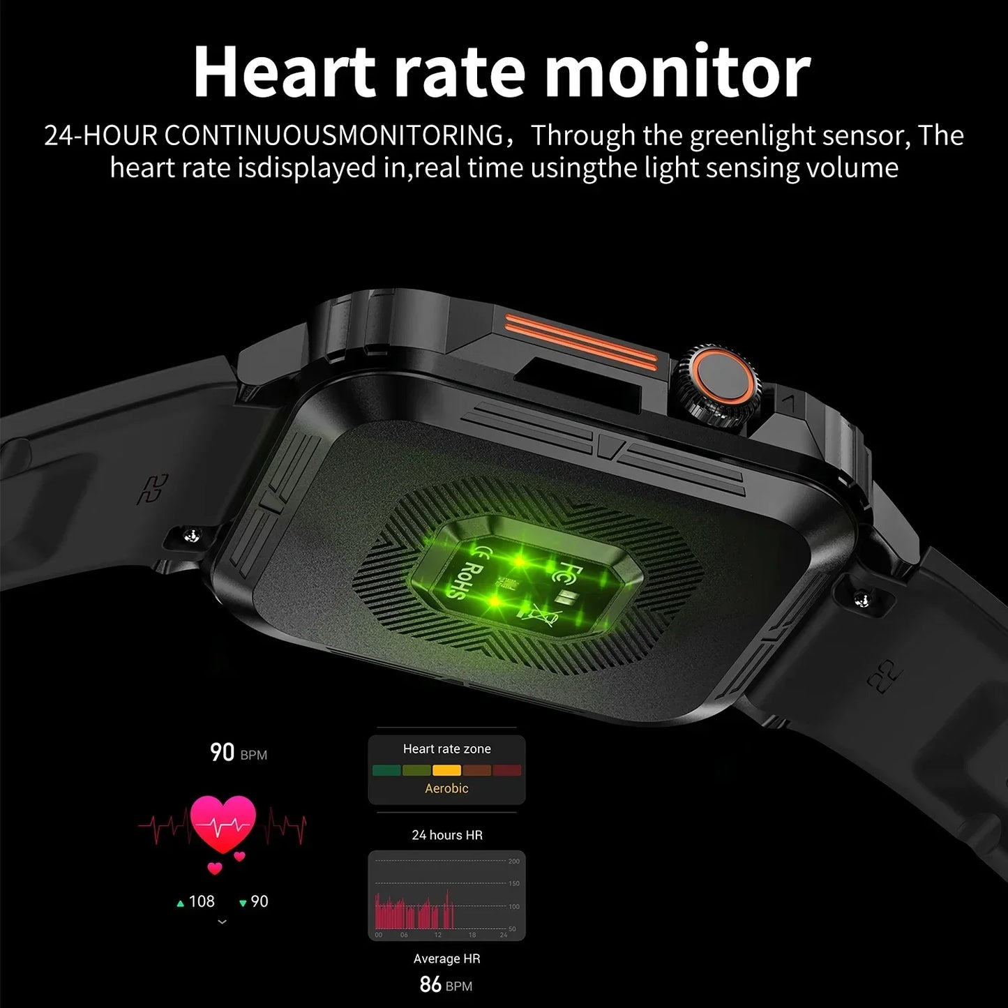 Military Smart Watch Fitness Health Monitor Bluetooth (Black)