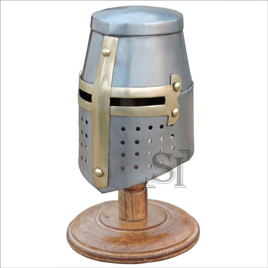 Miniature Brass Crusader Knight Helmet Display Collectible With Stand