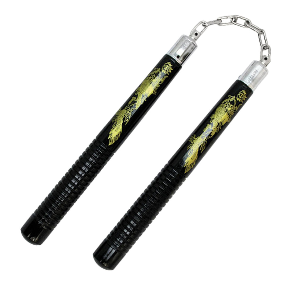 12 inch Black Finish Wood Nunchaku with Gold Dragon Graphics - TOPHATTER'S ARMORY DEALS
