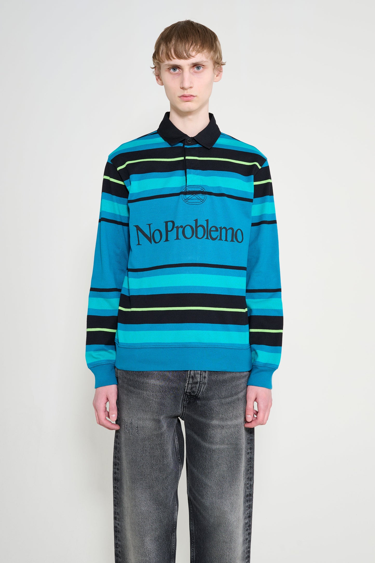No Problemo Striped Long Sleeve Rugby Shirt Aqua