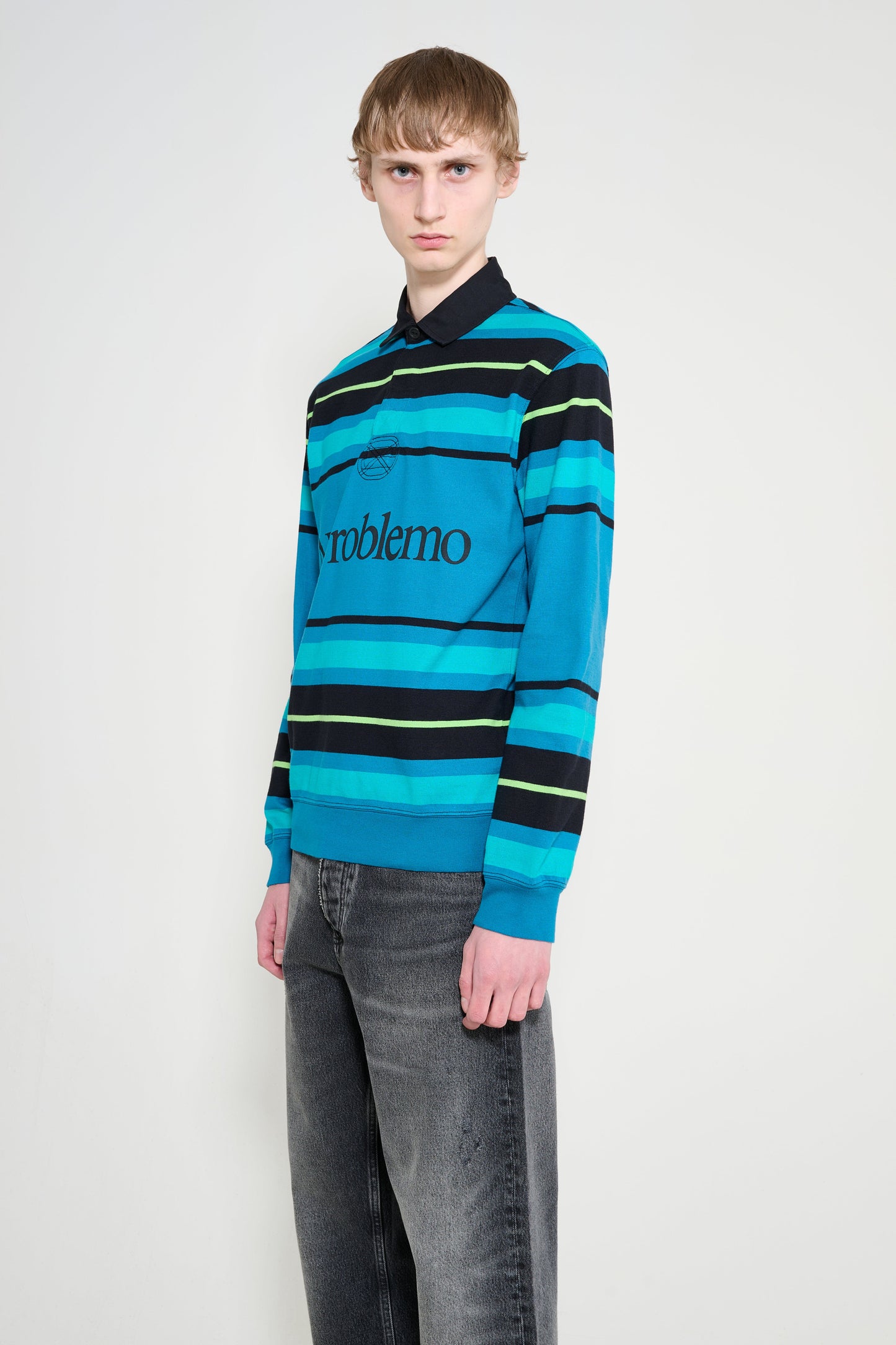 No Problemo Striped Long Sleeve Rugby Shirt Aqua
