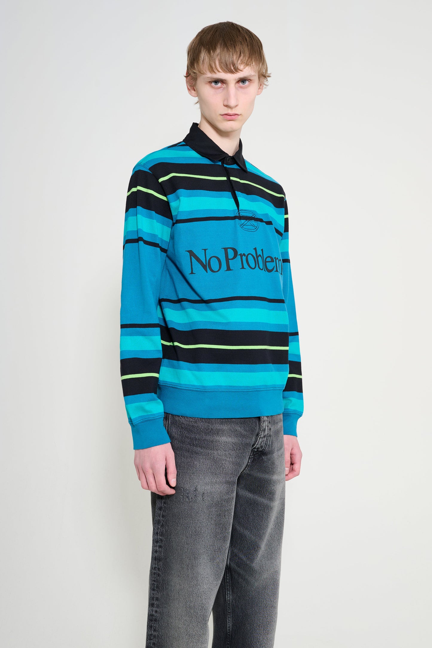 No Problemo Striped Long Sleeve Rugby Shirt Aqua