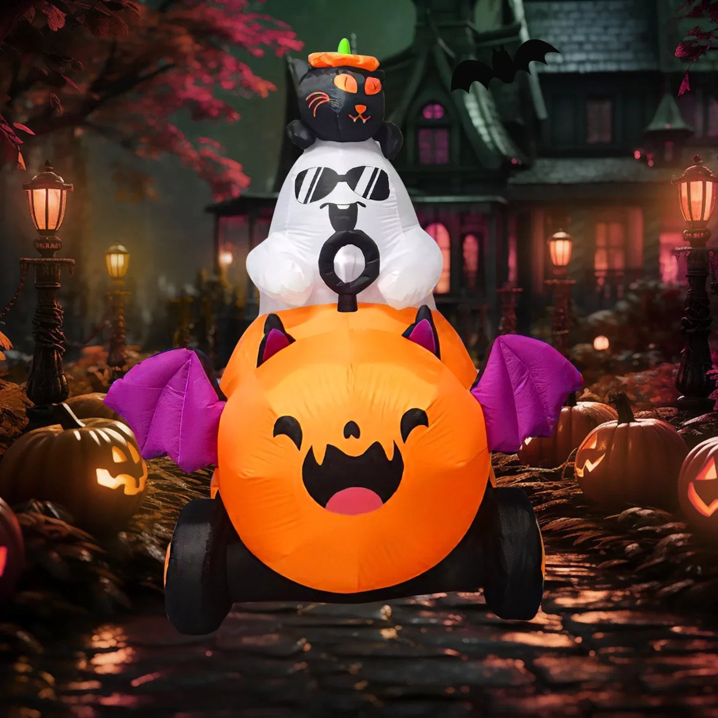 Halloween Inflatable Ghost with Pumpkin Cart - 6FT