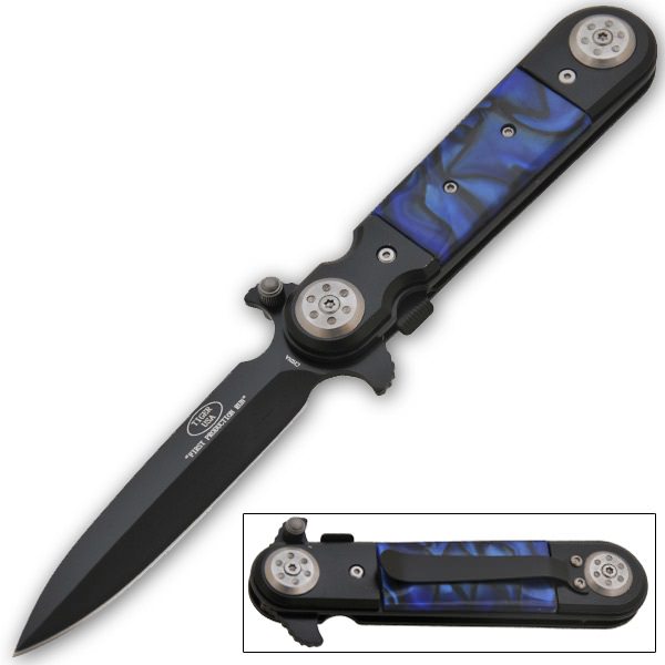 5 Inch Closed Midnight Blue Stiletto Style Spring Assisted Knife - TOPHATTER'S ARMORY DEALS