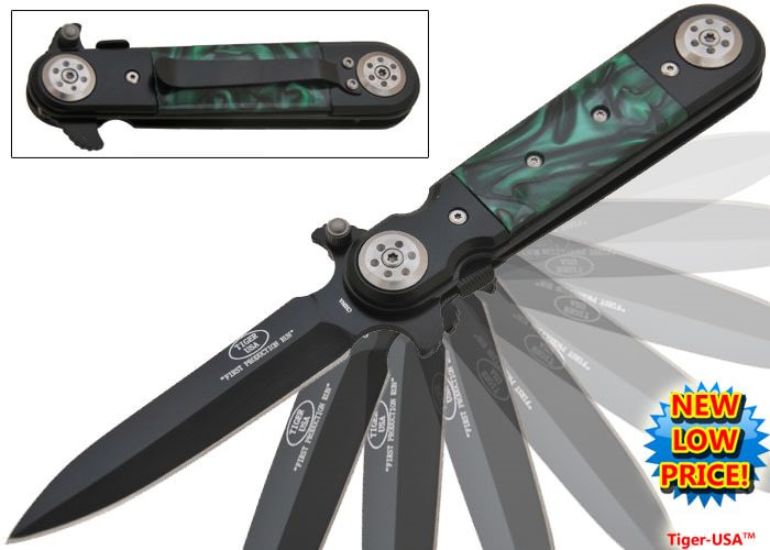 Green Marble Spear Tip Blade Stiletto Style Spring Assist Knife - TOPHATTER'S ARMORY DEALS