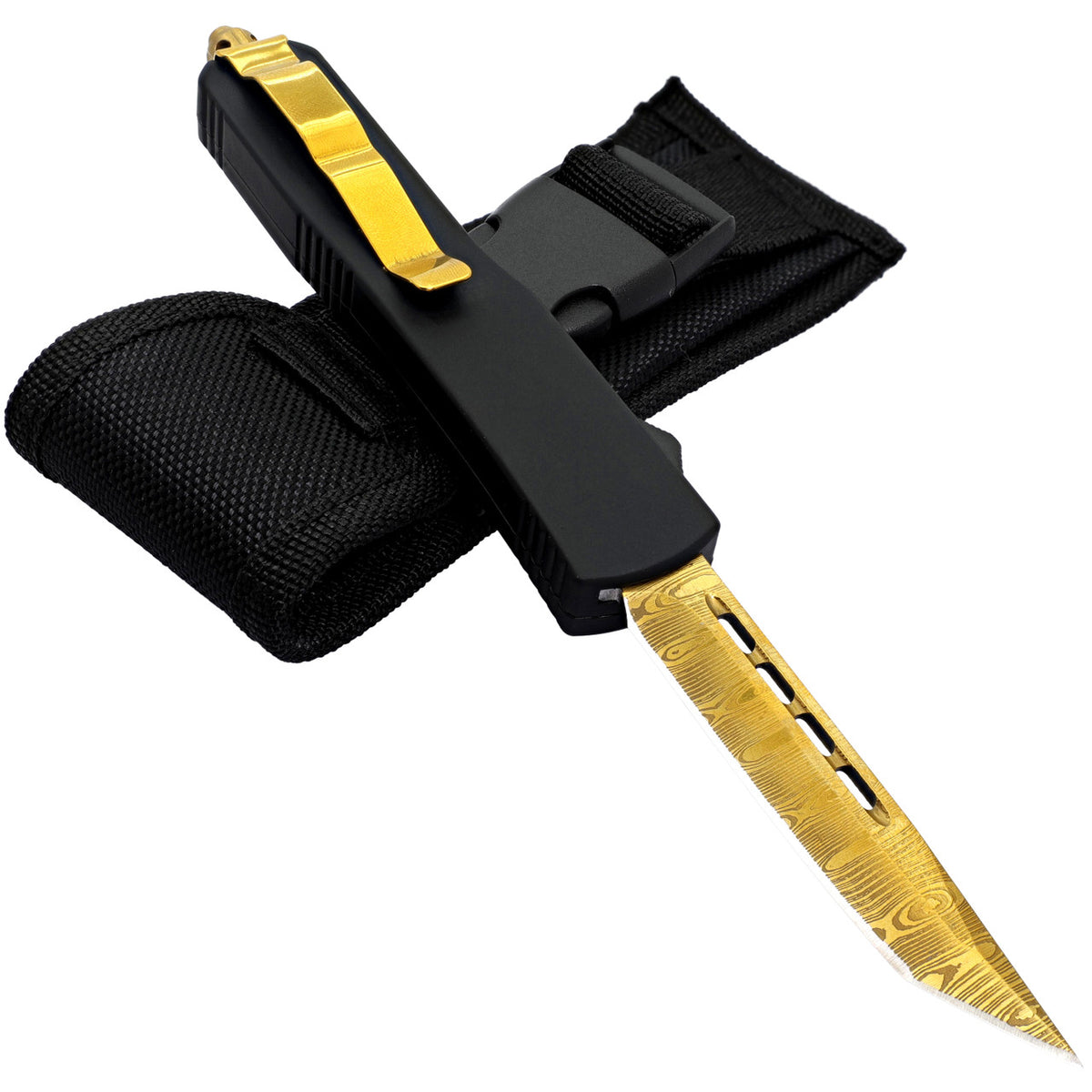 8.5" Automatic Out the Front OTF Damascus Pattern Golden Tanto Blade Knife - TOPHATTER'S ARMORY DEALS